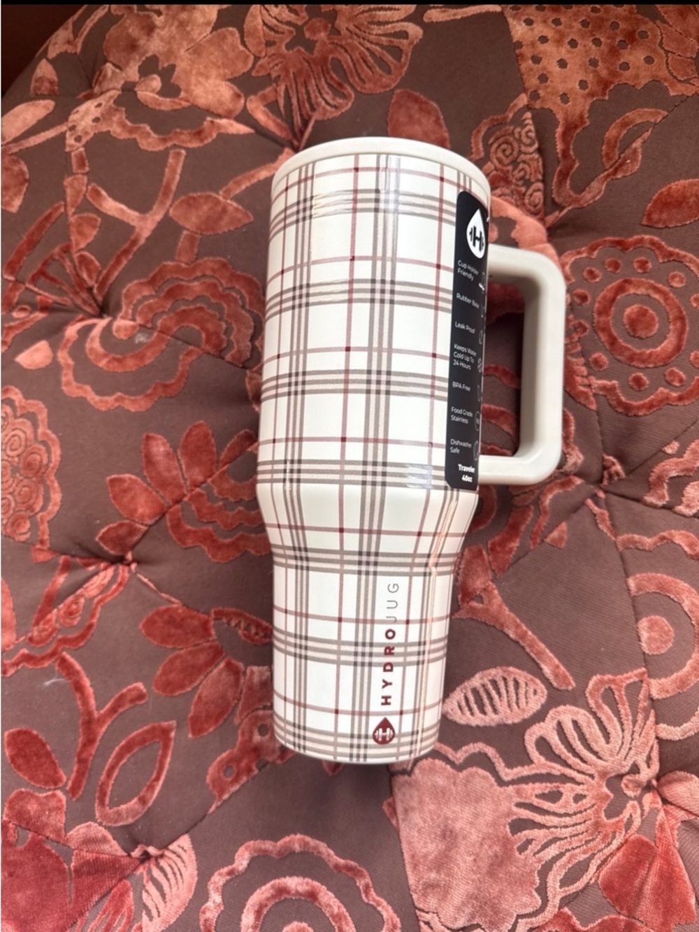 HydroJug White and Brown Plaid Insulated Travel Tumbler